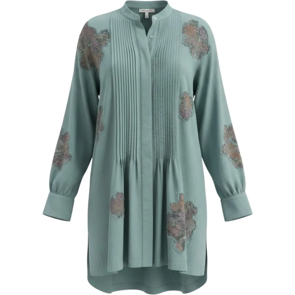 Free People Blue Floral Patch Pintuck Buttons Tunic Top SMALL Boho Cottage